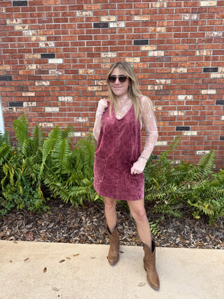 Corduroy Short Dress Cranberry Adjustable Strap Front Pockets