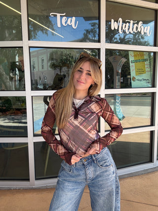 Cropped plaid Long Sleeve top half button mesh