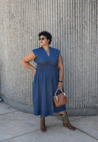 Denim Midi Dress zipper front pockets smocked waist Curvy