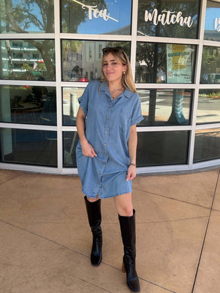 Denim Wash Tencel Button Down Dress pocket collared soft 