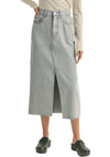 A light-washed long denim skirt with a front slit is a versatile and stylish wardrobe piece that seamlessly blends casual comfort with a touch of elegance, a timeless addition to your wardrobe that combines comfort, style, and versatility. Whether you're going for a laid-back daytime look or a chic evening outfit, this skirt is a fashion-forward choice that can easily become a staple in your clothing collection.