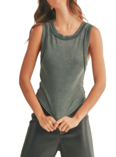 Dusky Kohl Ribbed Tank Top  Classic ribbed tank with round neck line, exposed seams and fun back seam detail  Material: 78% Cotton18% Polyester4% Spandex