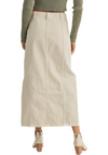A beige long denim skirt with a front slit is a versatile and stylish wardrobe piece that seamlessly blends casual comfort with a touch of elegance, a timeless addition to your wardrobe that combines comfort, style, and versatility. Whether you're going for a laid-back daytime look or a chic evening outfit, this skirt is a fashion-forward choice that can easily become a staple in your clothing collection.(back)