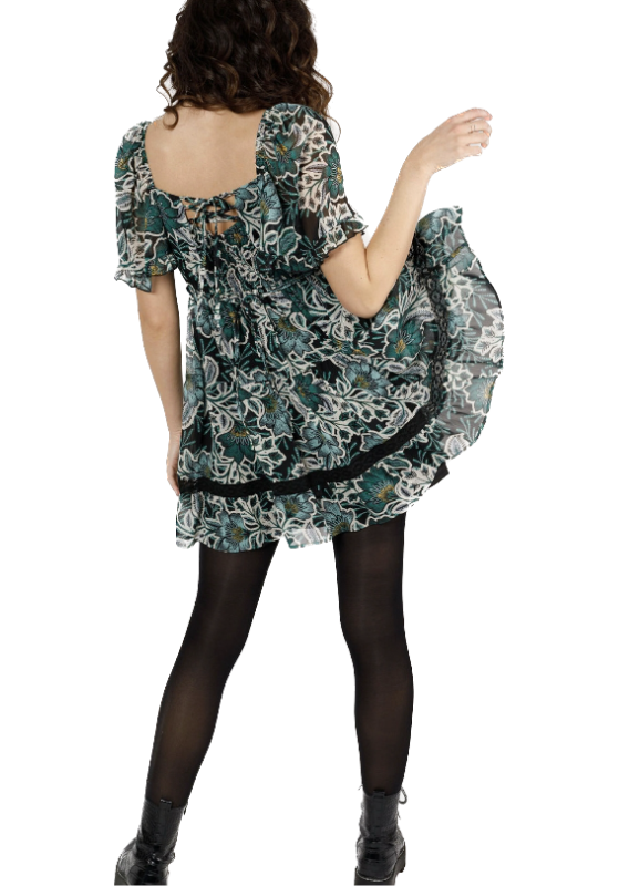 Emma Dress is a green and black floral dress featuring a tie back and puff sleeves.    100% Polyester. Back View.