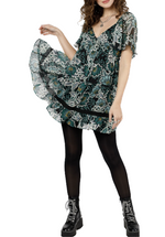 Emma Dress is a green and black floral dress featuring a tie back and puff sleeves.    100% Polyester