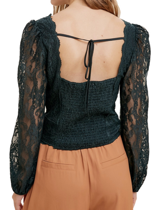 Evergreen Forest Lace Crop Top  - Lovely lace square neck fitted top - Bishop sleeve with elastic on cuffs - Smocking on back - Tie string on back - Lined  Material:  100% Nylon back