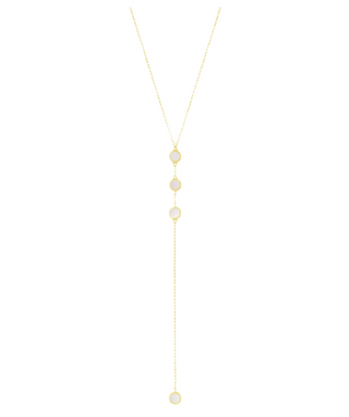 A gold lariat necklace with  pearl accents, depicted on a plain background.