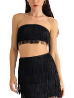 Fancy Fringe Crop Top is a fringe satin crop top with a zipper back.  97% Polyester     3% Spandex