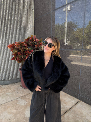 Faux Fur Open Jacket Black Pockets