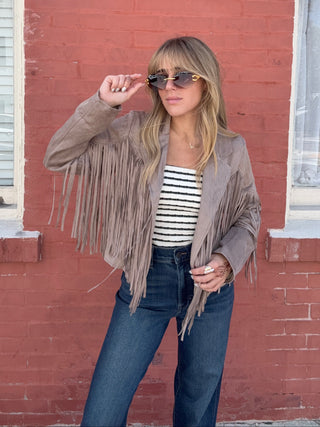 fringe tan jacket long sleeve open front 