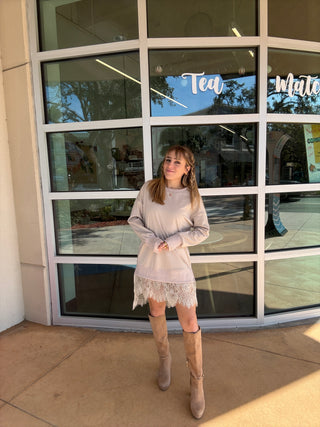 Faux Two Piece Oversized Mini Dress taupe lace trim