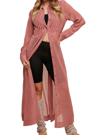 Fearless Rose Button Down Maxi Dress   Long button down shirt maxi dress - Long sleeve with button on cuffs - Hidden side seam pockets - Finished with clean hem - Model is 5' 8" 30-24-35 and wearing a size Small  Material:  85% Viscose, 15% Nylon