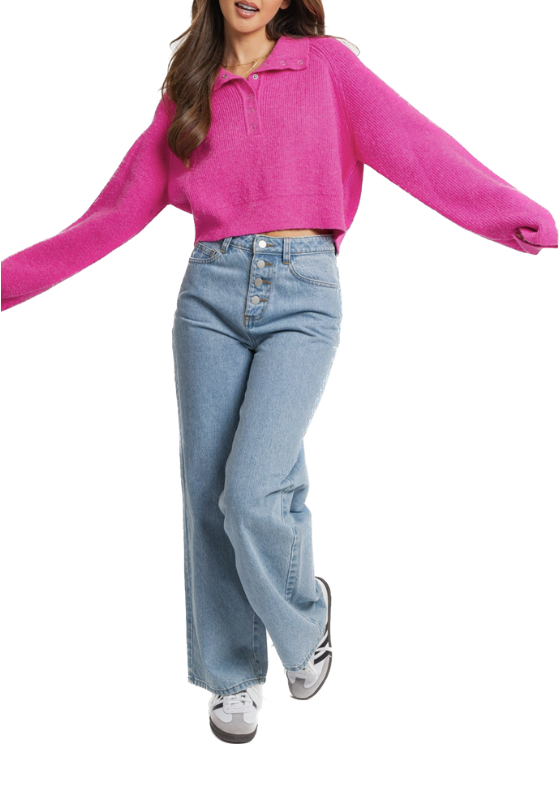 a fuchsia collared sweater with half-button detail is a fashionable and adaptable clothing item that combines a striking color with a classic collar and a unique buttoned front design. It's a versatile piece that can be styled for a range of occasions and can be a valuable addition to your wardrobe for both comfort and style.
