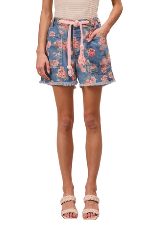 woman wearing Floral Denim Shorts with Braided Belt 