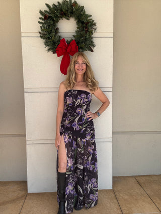 Floral Drop Waist Maxi Dress Violet Black Cream