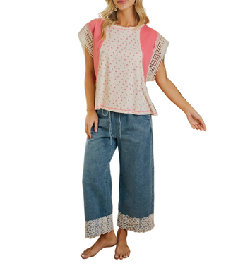 woman wearing Floral Lace Trim wide Pant