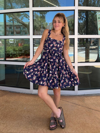 Floral Sleeveless Tiered Mini Dress Blue Pink