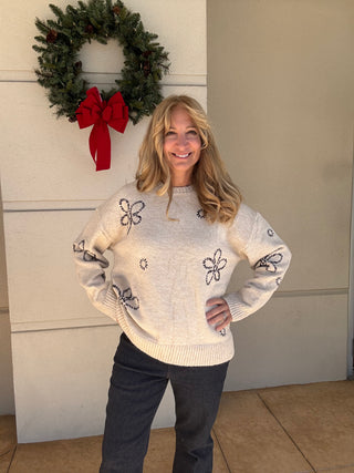 Floral Whipstitch Sweater Black Cream