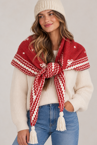 woman wearing a red and white scaf over a white  sweater