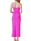 Fuchsia Frenzy Strappy Maxi Dress  Elevate your style with a vibrant bright pink slinky maxi dress. Its slender straps delicately frame the shoulders, while the ruched front adds texture and allure, creating a captivating blend of comfort and chic sophistication. Perfect for making a bold statement at any special occasion.  Material:  95% Polyester, 5% Spandex back