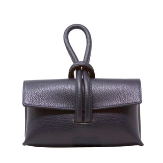 Navy leather handbag with a strap on a white background