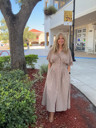 Gingham Midi Flare Dress Synched waist Collared Button Front
