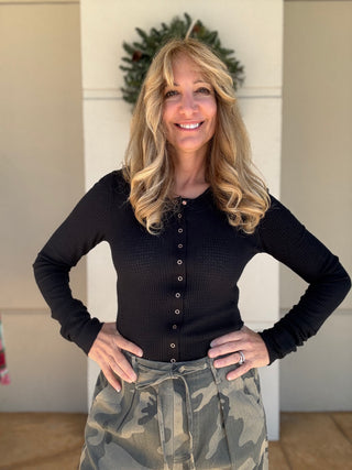 Going Places Cardi Black Free People snap closure waffle knit