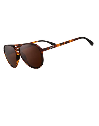 A pair of aviator-style sunglasses with a brown and amber tortoiseshell frame and dark brown lenses, shown on a plain white background with a thin gray border.