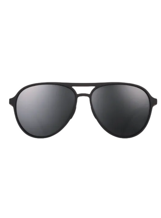 Black aviator sunglasses with dark gray lenses, shown from the front on a plain white background.