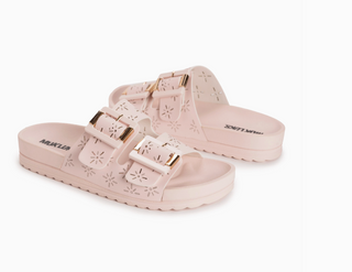 Pair of light pink sandals with gold buckles on a white background