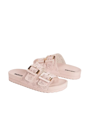 Pair of pink sandals with gold buckles on a white background