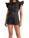 Grayscale Ruffle Denim Romper  Washed black denim button down romper with ruffle sleeve cap, front and back pockets and belted waist.  Material:  92% Cotton 8% Polyester