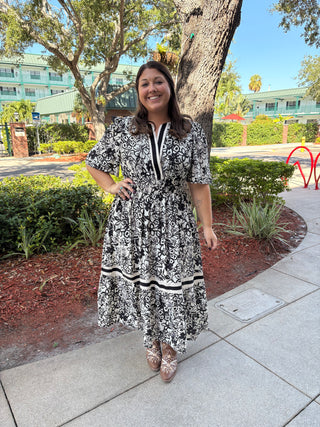 Half Sleeve Woven Floral Tiered Midi Dress With Contrast Detail Elastic Waist Band And Pockets