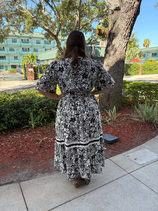 Half Sleeve Woven Floral Tiered Midi Dress With Contrast Detail Elastic Waist Band And Pockets