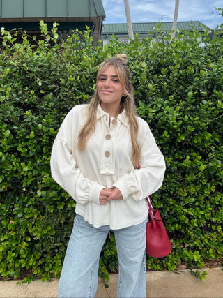 Henley long sleeve oversized top in ivory