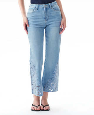 High Rise Ankle Embroidered  Jeans in Cloud Motion