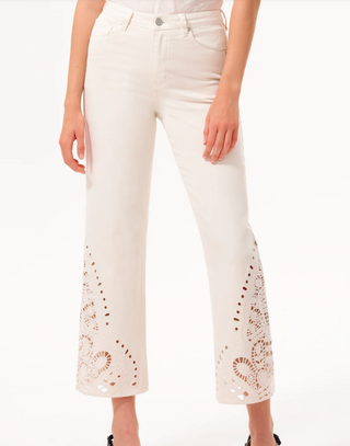 High Rise Ankle Embroidered Lace Pants in Off White