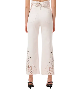 High Rise Ankle Embroidered Lace Pants in Off White