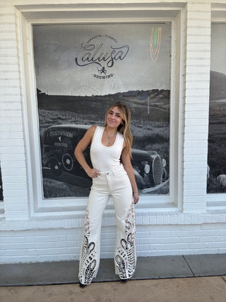 High Rise Twill Floral Embroidered Wide Leg Pants white