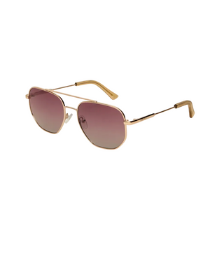 Gold-framed sunglasses with brown lenses on a white background