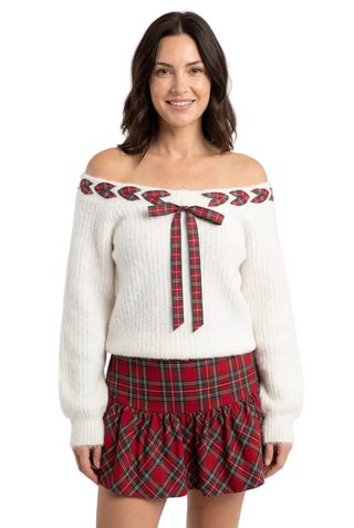 Holiday Plaid Ribbon Sweater