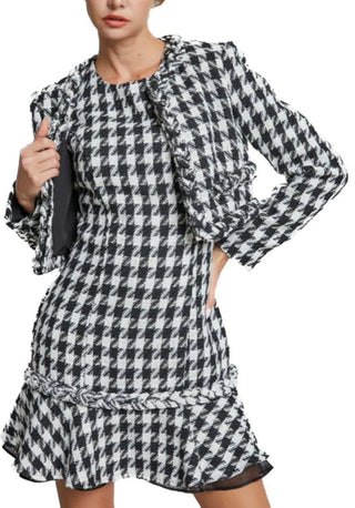 Hound Tooth Plaid Jacket  Black and white plaid tweed jacket. Matching dress sold separately- Hound Tooth Plaid Dress.  Material: 100% Polyester