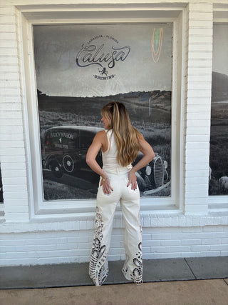 High Rise Twill Floral Embroidered Wide Leg Pants