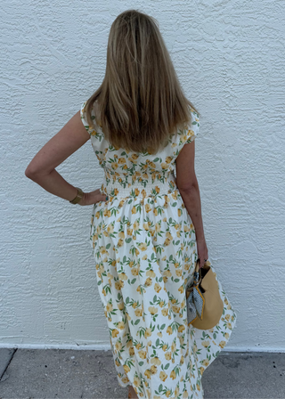 Smocked Waist Midi Dress Cream Floral Yellow