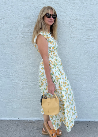 Smocked Waist Midi Dress Cream Floral Yellow