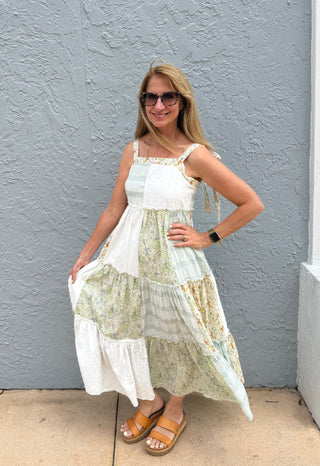 Patchwork Tie Shoulder Maxi Dress