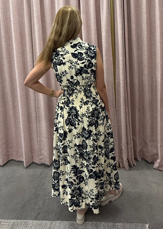 Smocked Waist Midi Dress cream/navy
