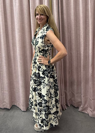 Smocked Waist Midi Dress cream/navy