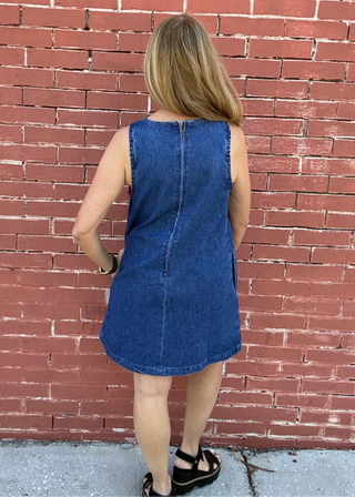 Floral Embroidered Denim Sleeveless Mini Dress