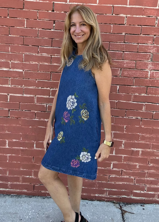 Floral Embroidered Denim Sleeveless Mini Dress